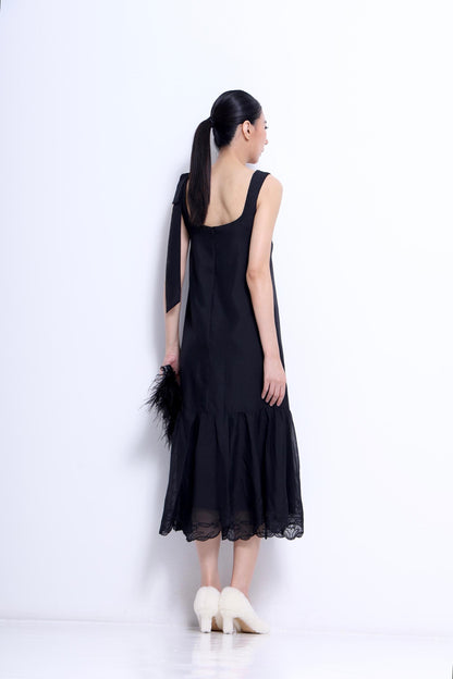 Candice Ribbon Shoulder Linen Lace Hem Dress