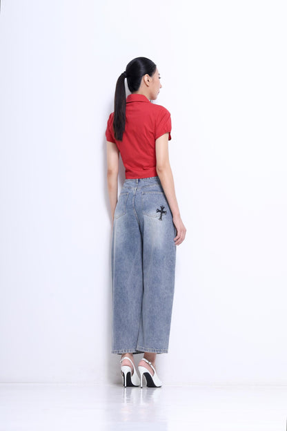 Jesse  Vintage Cross Embroidered Barrel Jeans