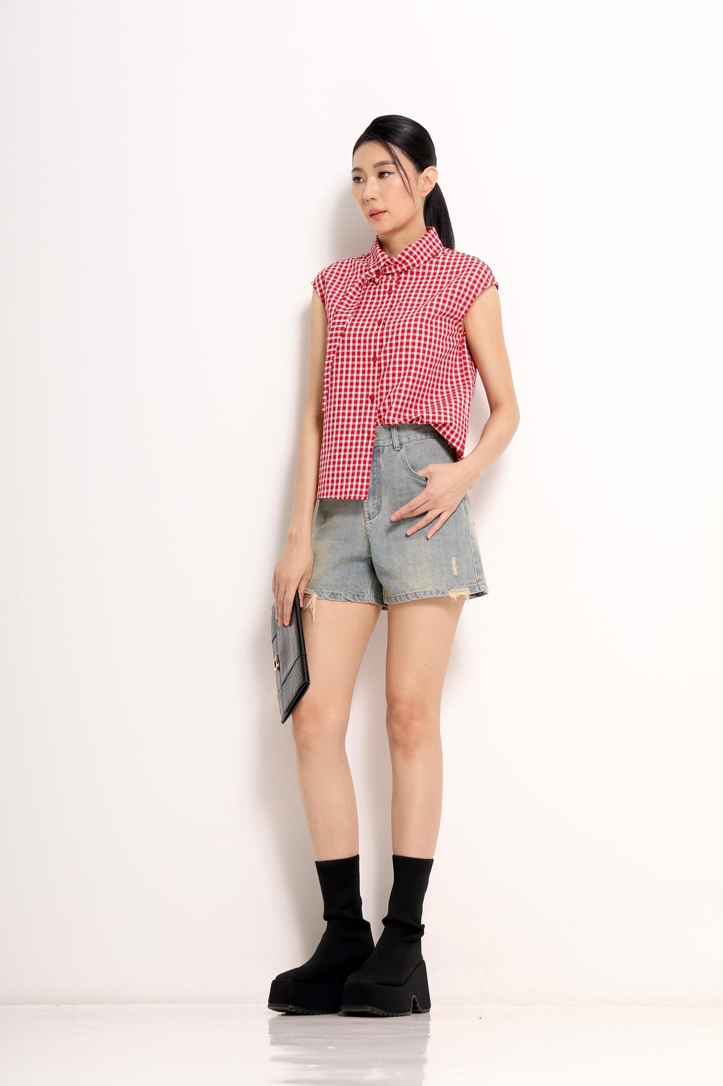 Jinny Checkered Scarf-Collar Shirt