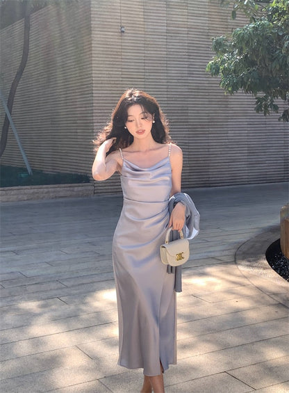 Julie Pearl Strap Satin Dress