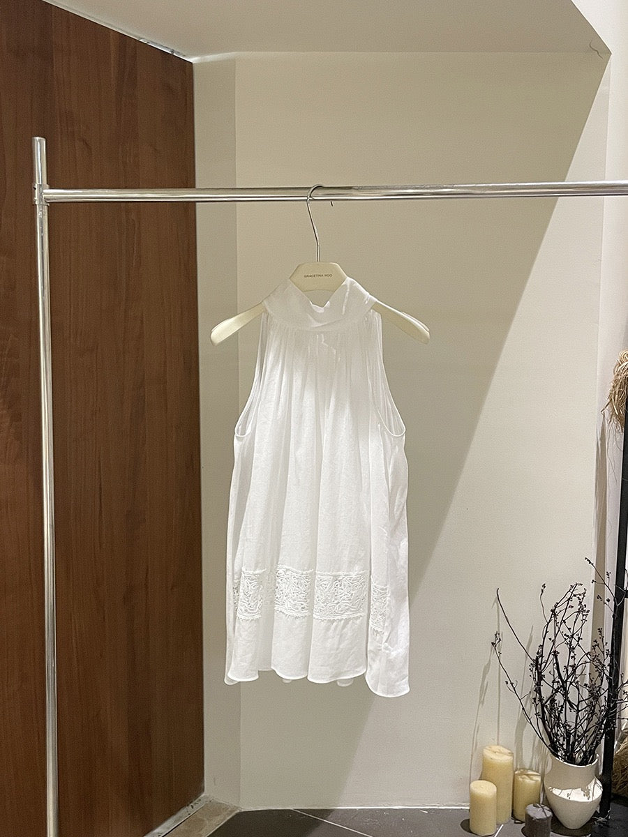 Kaly Linen Ribbon Tie Cutin Top
