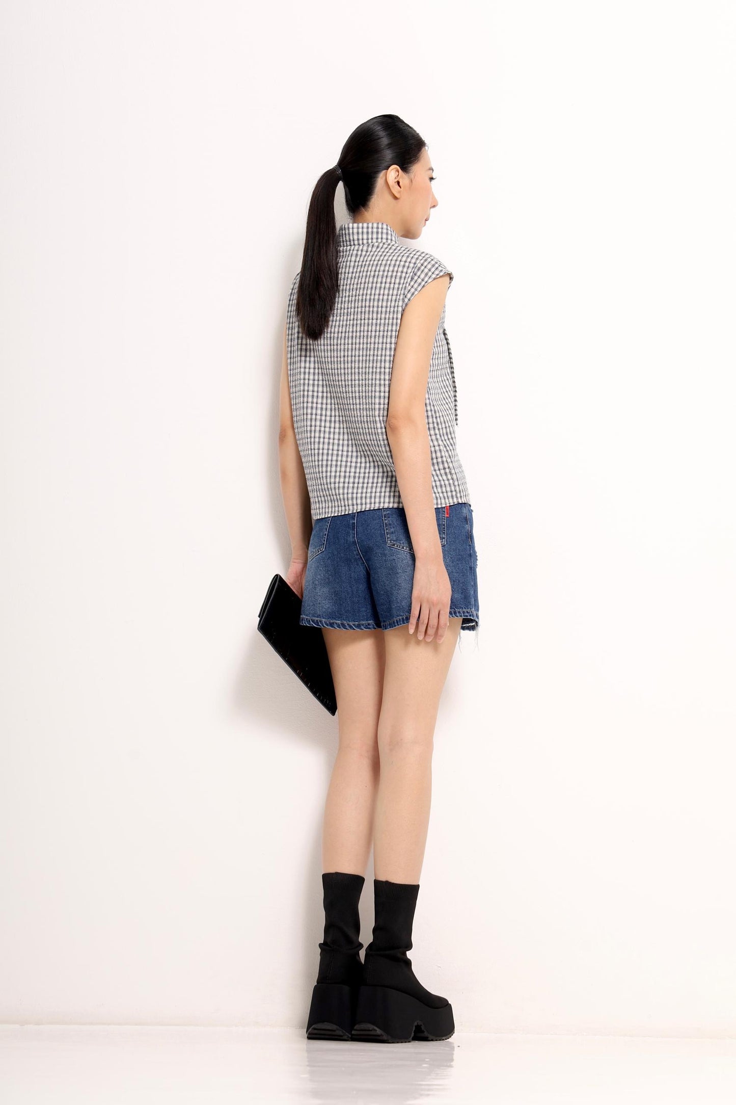 Jinny Checkered Scarf-Collar Shirt