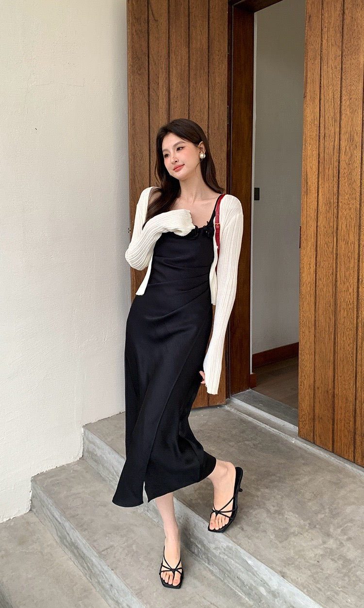Penelope Satin Dress with Flower Brooch