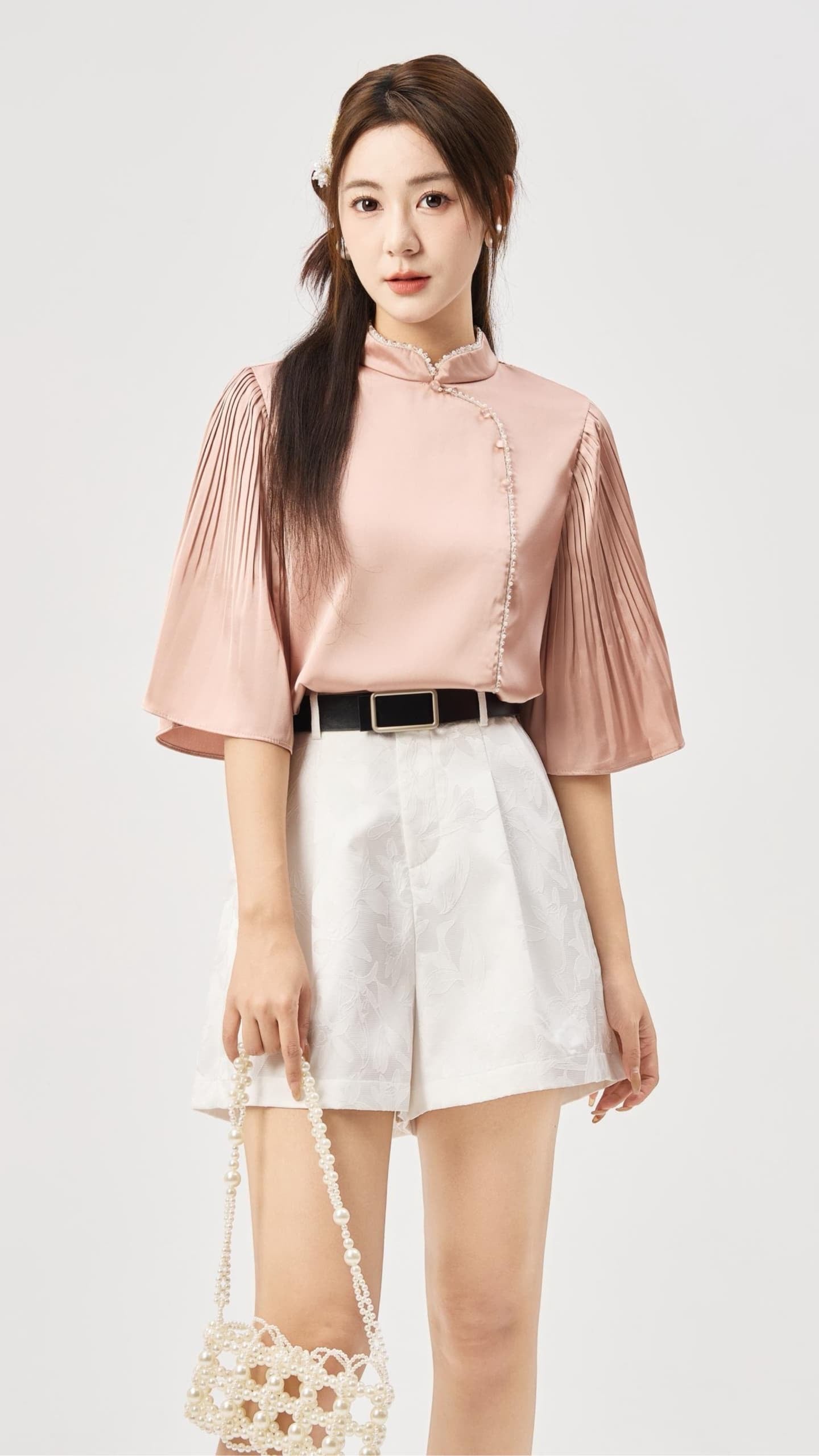 Zhu Oriental Pearl Pleated Top