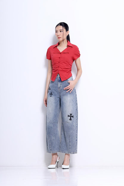 Jesse  Vintage Cross Embroidered Barrel Jeans