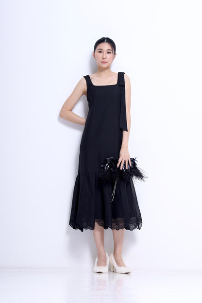Candice Ribbon Shoulder Linen Lace Hem Dress