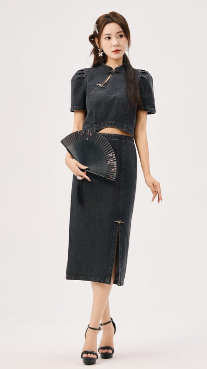 Ning Oriental Denim Skirt