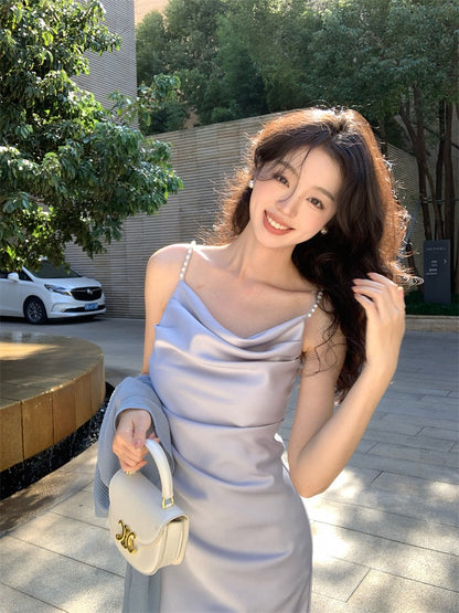 Julie Pearl Strap Satin Dress