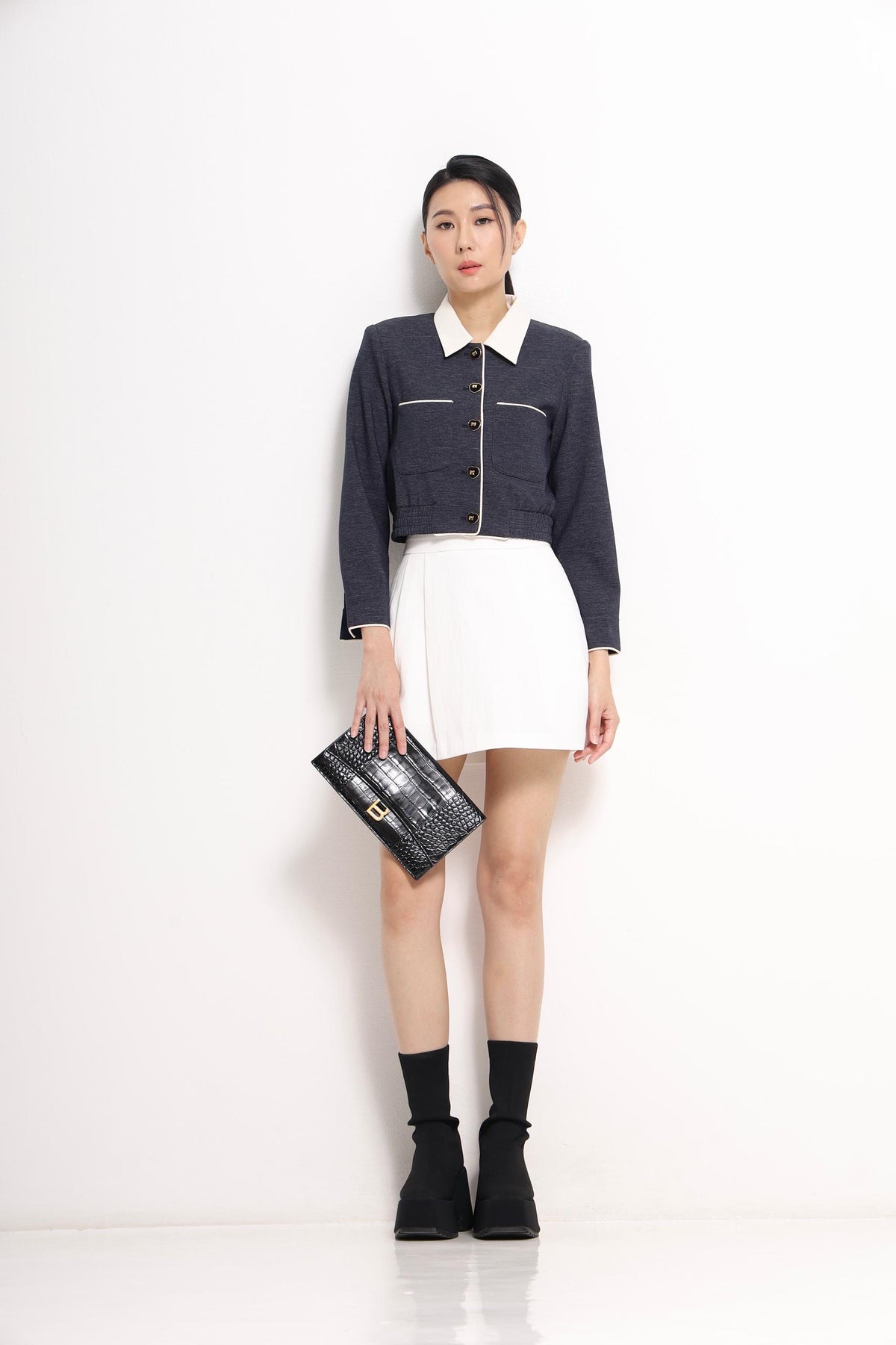 Natasha Bicolor Collar Cropped Jacket