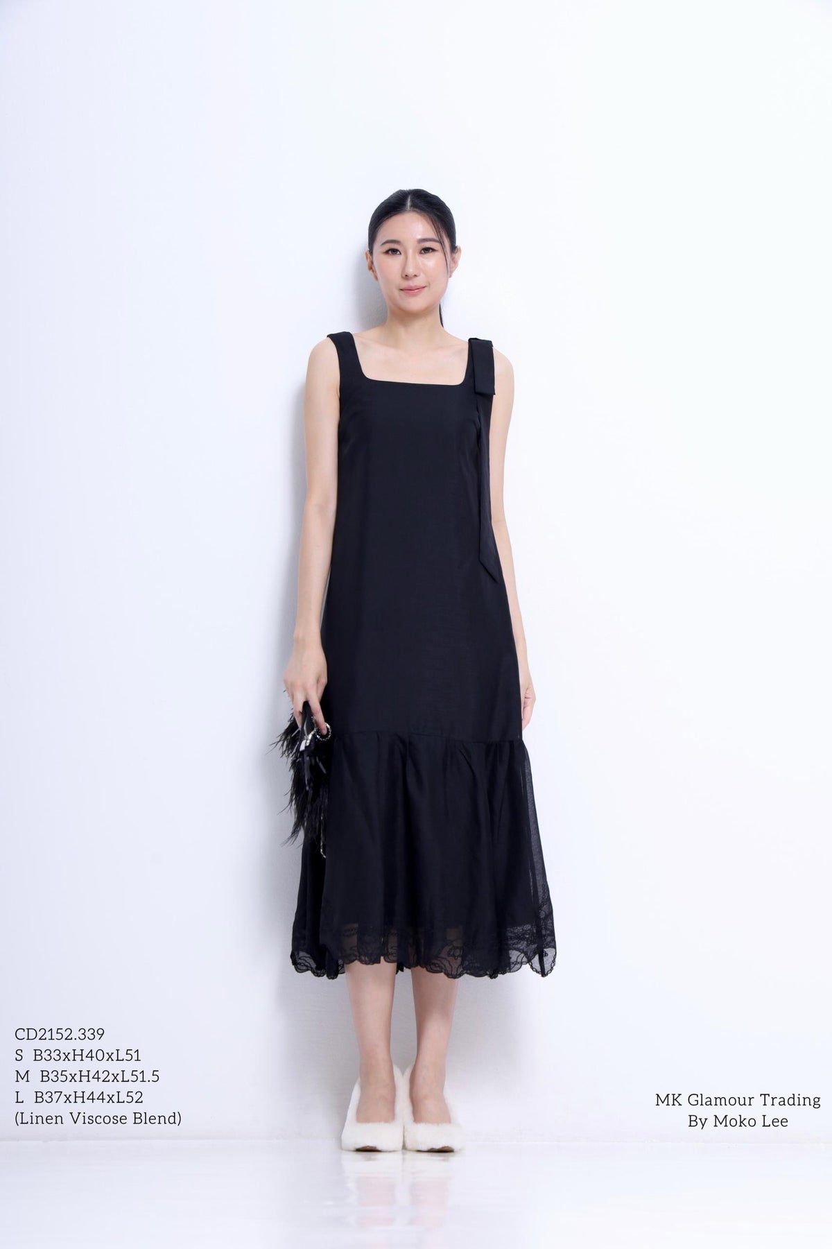 Candice Ribbon Shoulder Linen Lace Hem Dress
