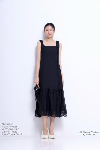 Candice Ribbon Shoulder Linen Lace Hem Dress