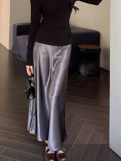 Zhou Wrinkle Satin Bias Cut Maxi Skirt