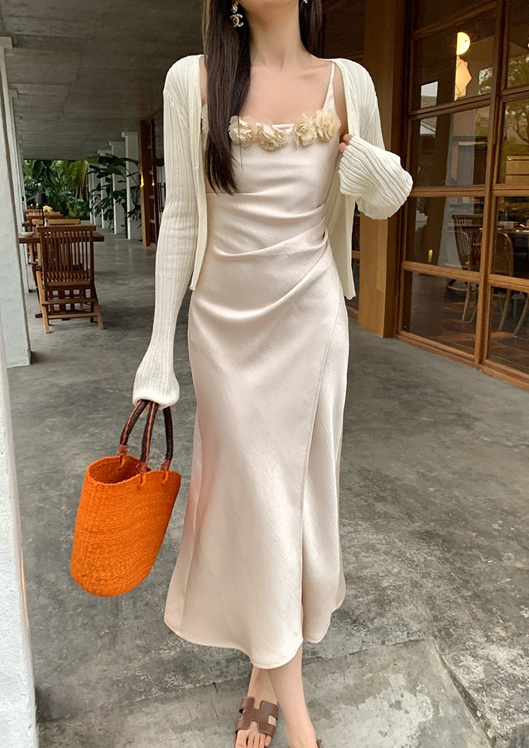 Penelope Satin Dress with Flower Brooch