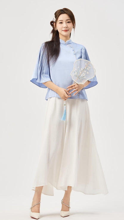 Zhu Oriental Pearl Pleated Top