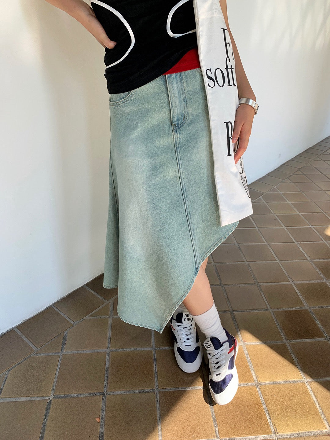 Quince Washed Denim Asymmetrical Skirt