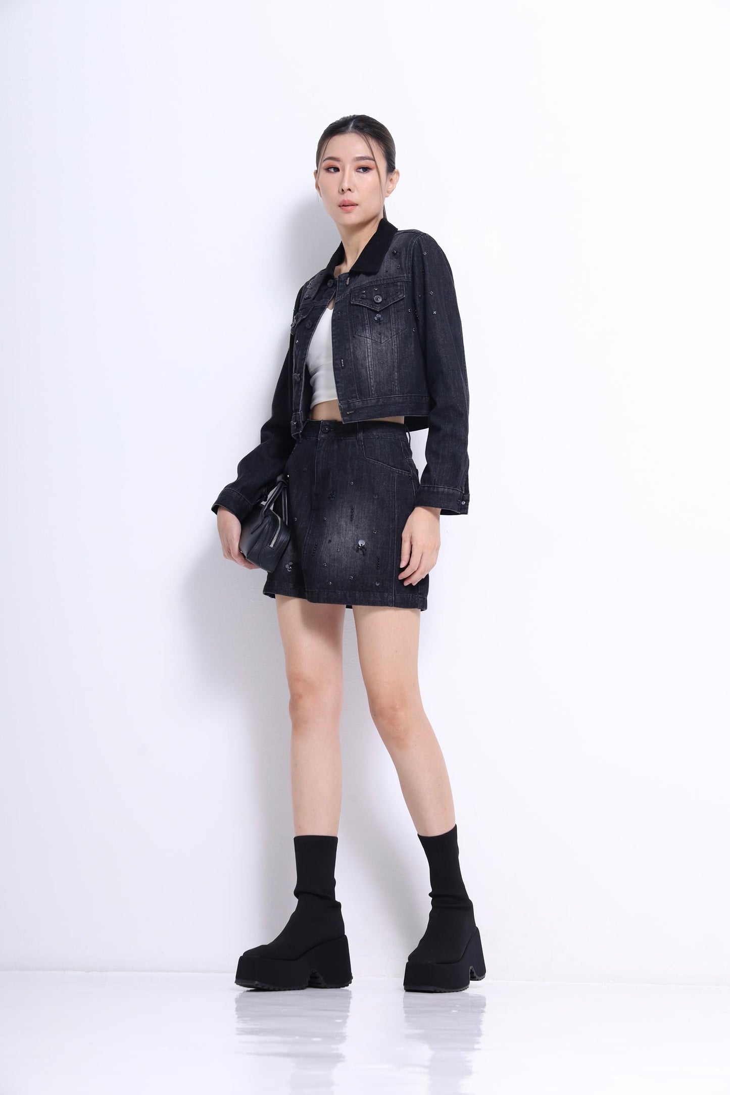 Anna Embellished Denim Mini Skirt