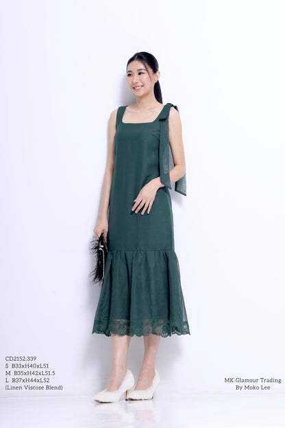 Candice Ribbon Shoulder Linen Lace Hem Dress