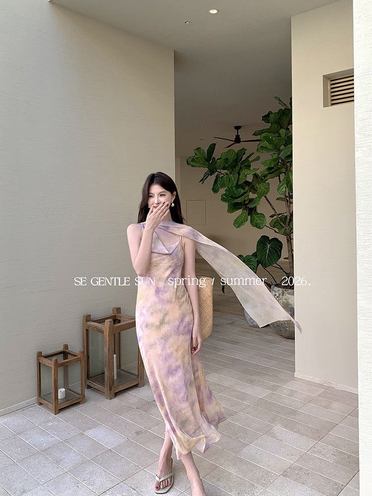 Dune Chiffon Halter Shawl Dress