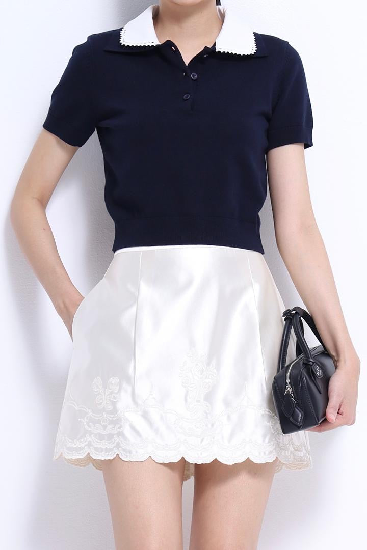 Lauren Lace Trim Knit Polo Top