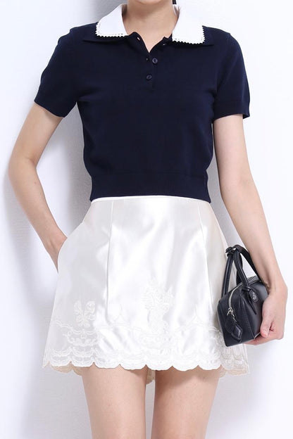 Lauren Lace Trim Knit Polo Top