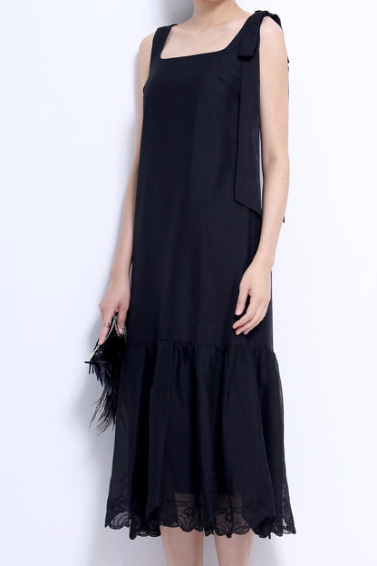 Candice Ribbon Shoulder Linen Lace Hem Dress