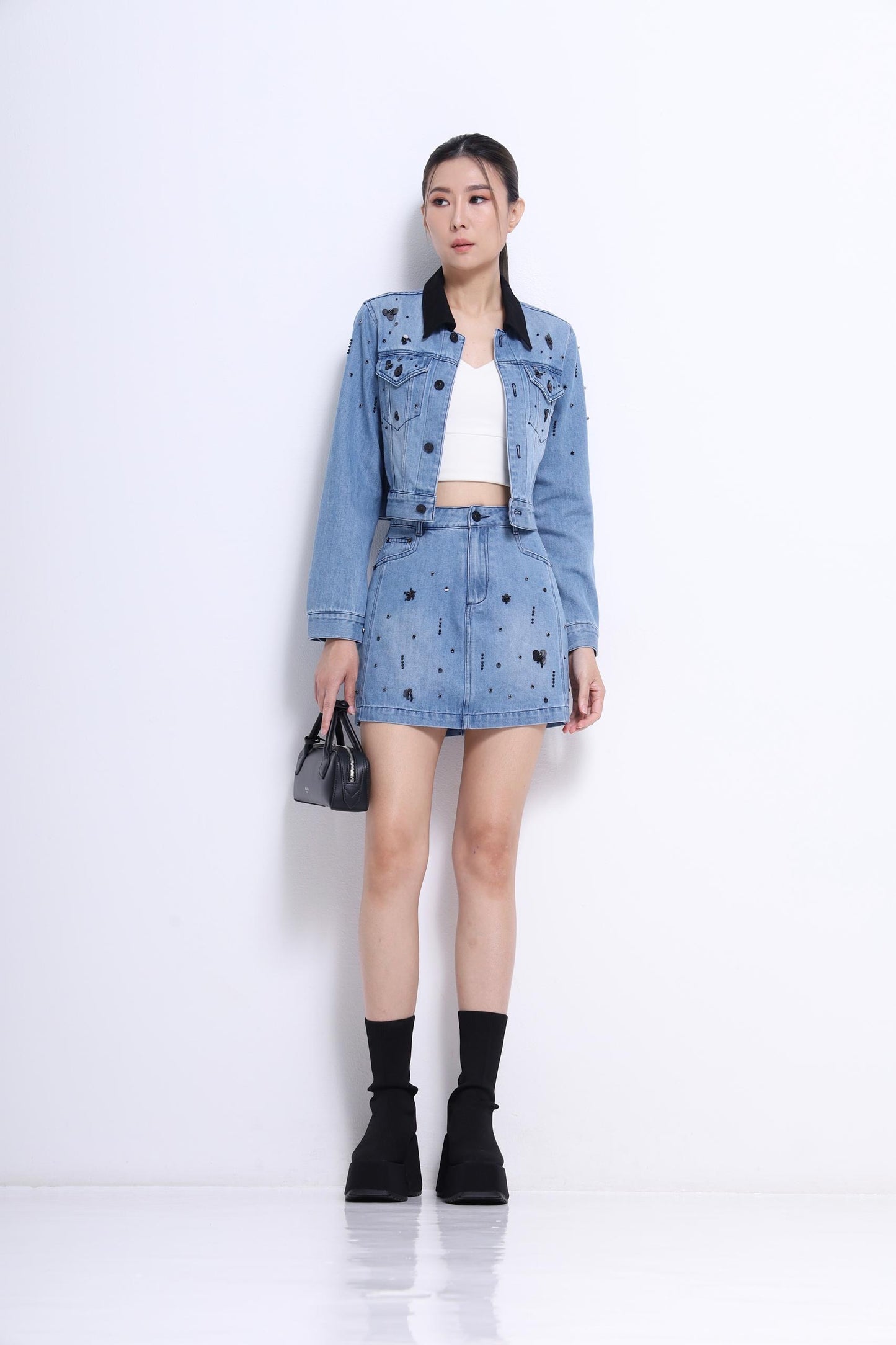Anna Embellished Denim Mini Skirt