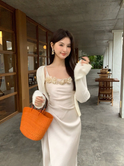 Penelope Satin Dress with Flower Brooch
