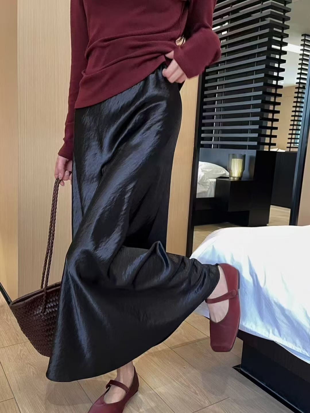 Zhou Wrinkle Satin Bias Cut Maxi Skirt