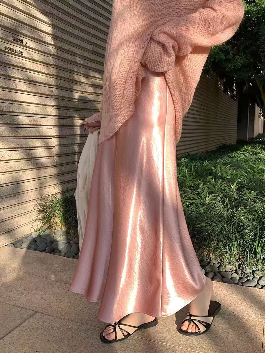 Zhou Wrinkle Satin Bias Cut Maxi Skirt