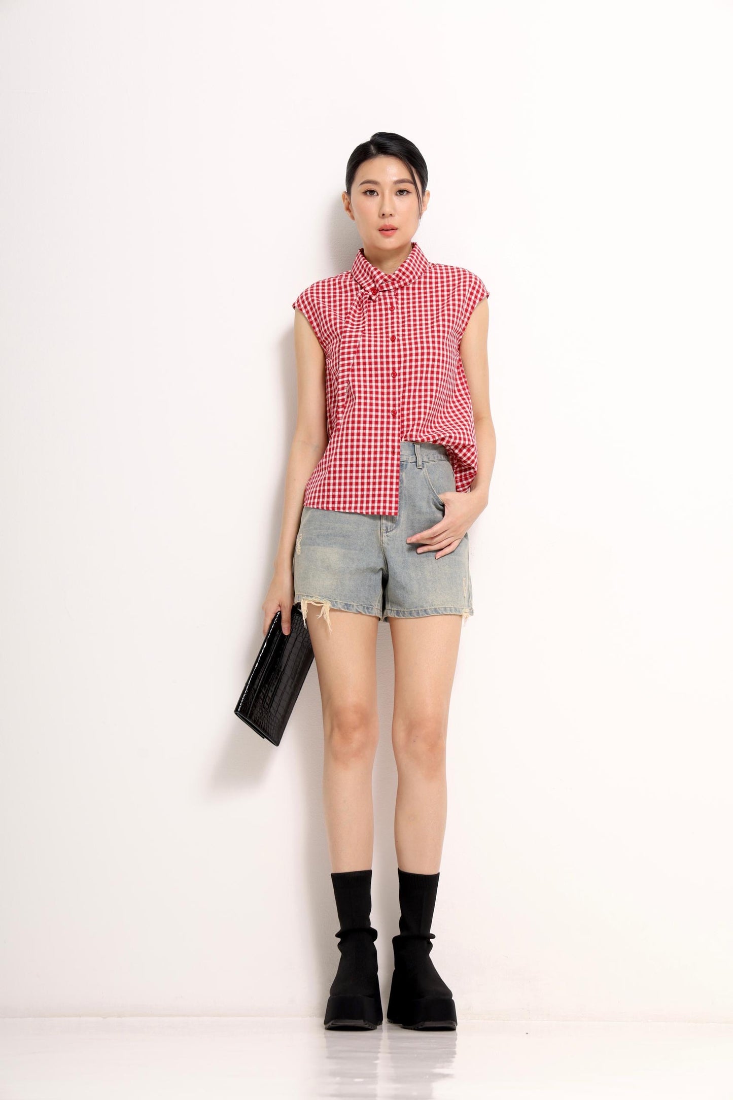Jinny Checkered Scarf-Collar Shirt