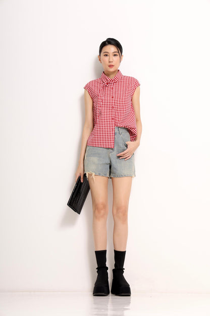 Jinny Checkered Scarf-Collar Shirt