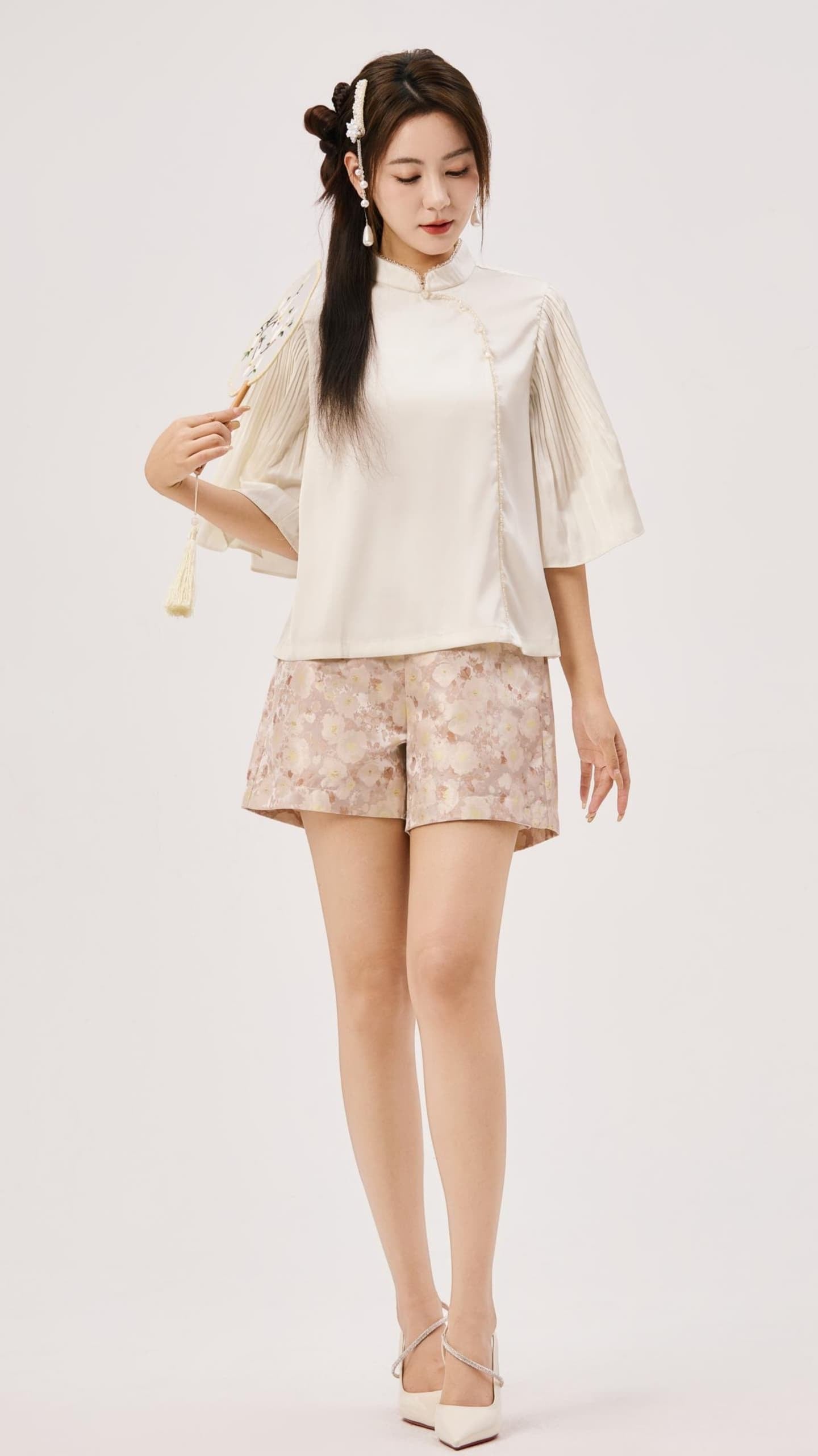 Zhu Oriental Pearl Pleated Top