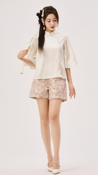 Zhu Oriental Pearl Pleated Top