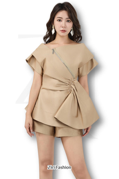 Ziri Asymmetrcial Drape Top + Shorts Setwear
