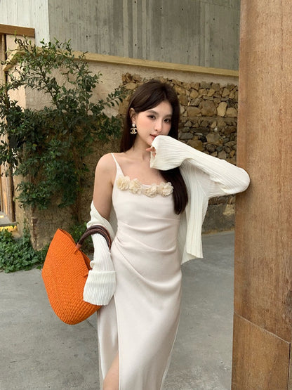 Penelope Satin Dress with Flower Brooch