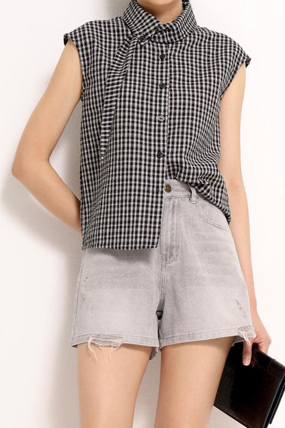 Jinny Checkered Scarf-Collar Shirt