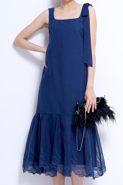 Candice Ribbon Shoulder Linen Lace Hem Dress