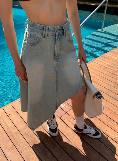 Quince Washed Denim Asymmetrical Skirt