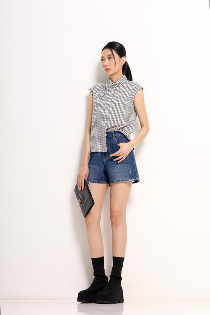 Jinny Checkered Scarf-Collar Shirt