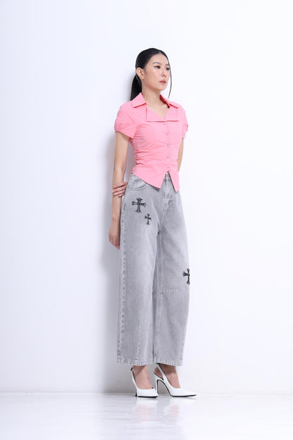 Jesse  Vintage Cross Embroidered Barrel Jeans