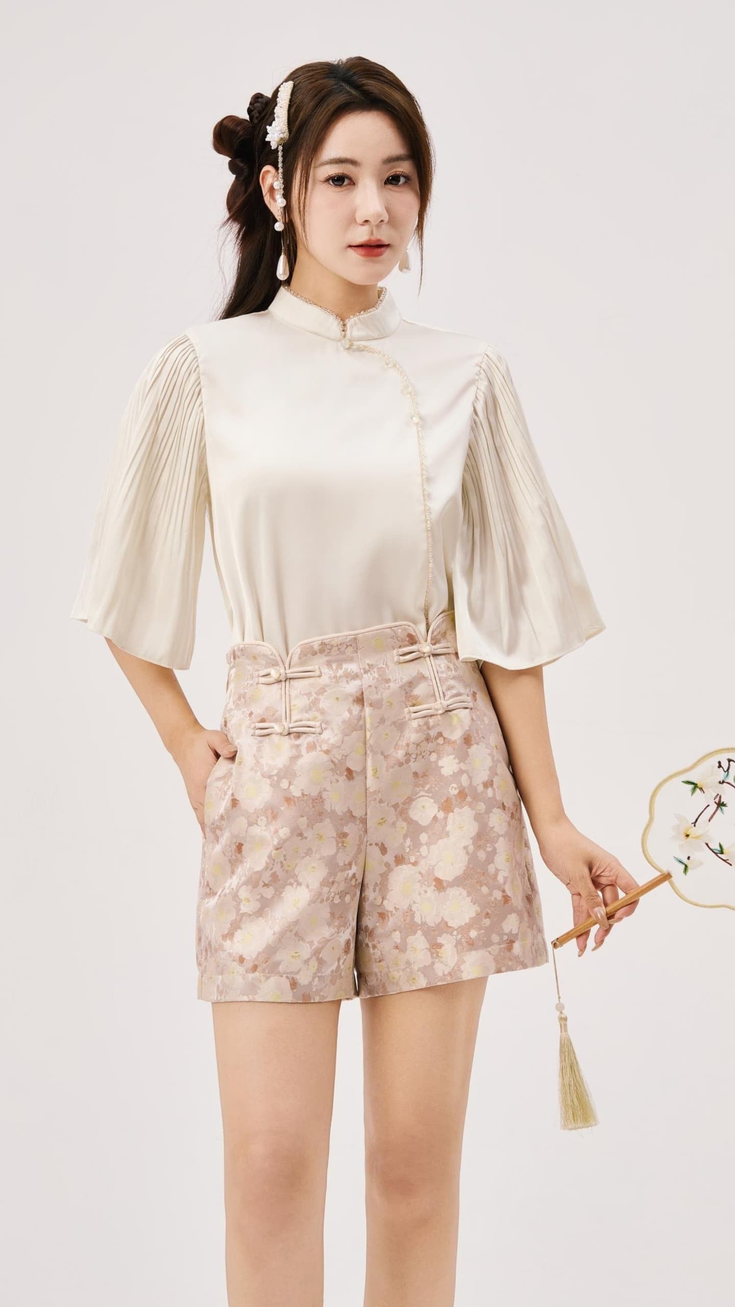 Zhu Oriental Pearl Pleated Top