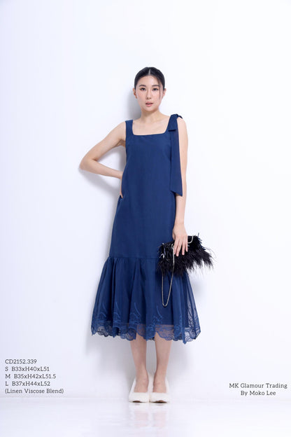 Candice Ribbon Shoulder Linen Lace Hem Dress