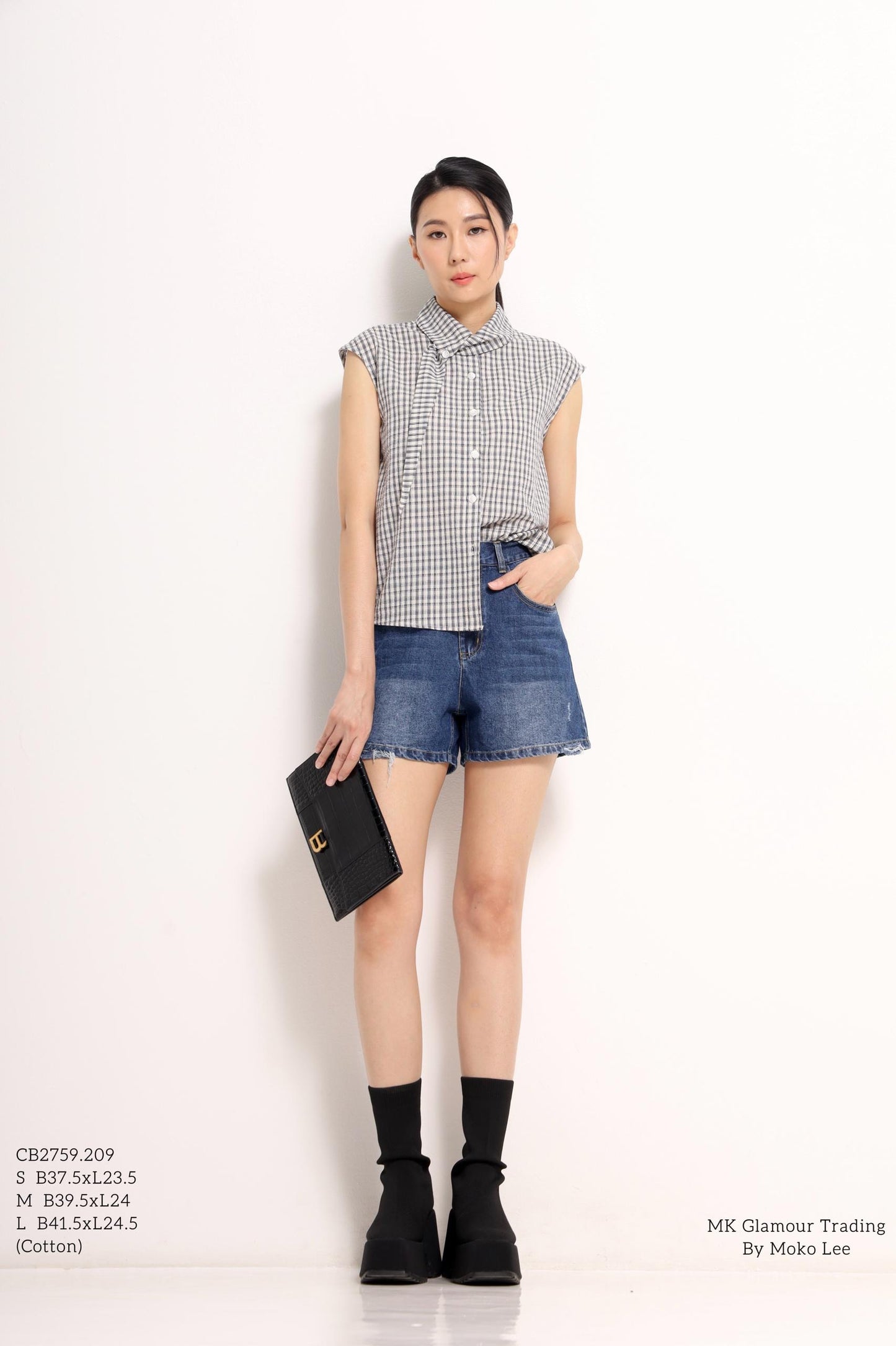 Jinny Checkered Scarf-Collar Shirt