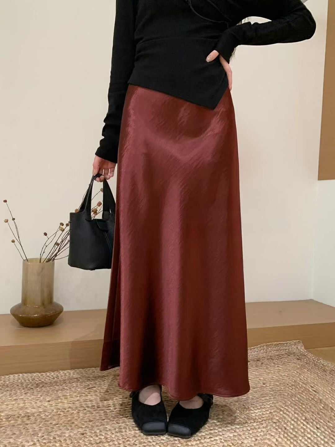 Zhou Wrinkle Satin Bias Cut Maxi Skirt