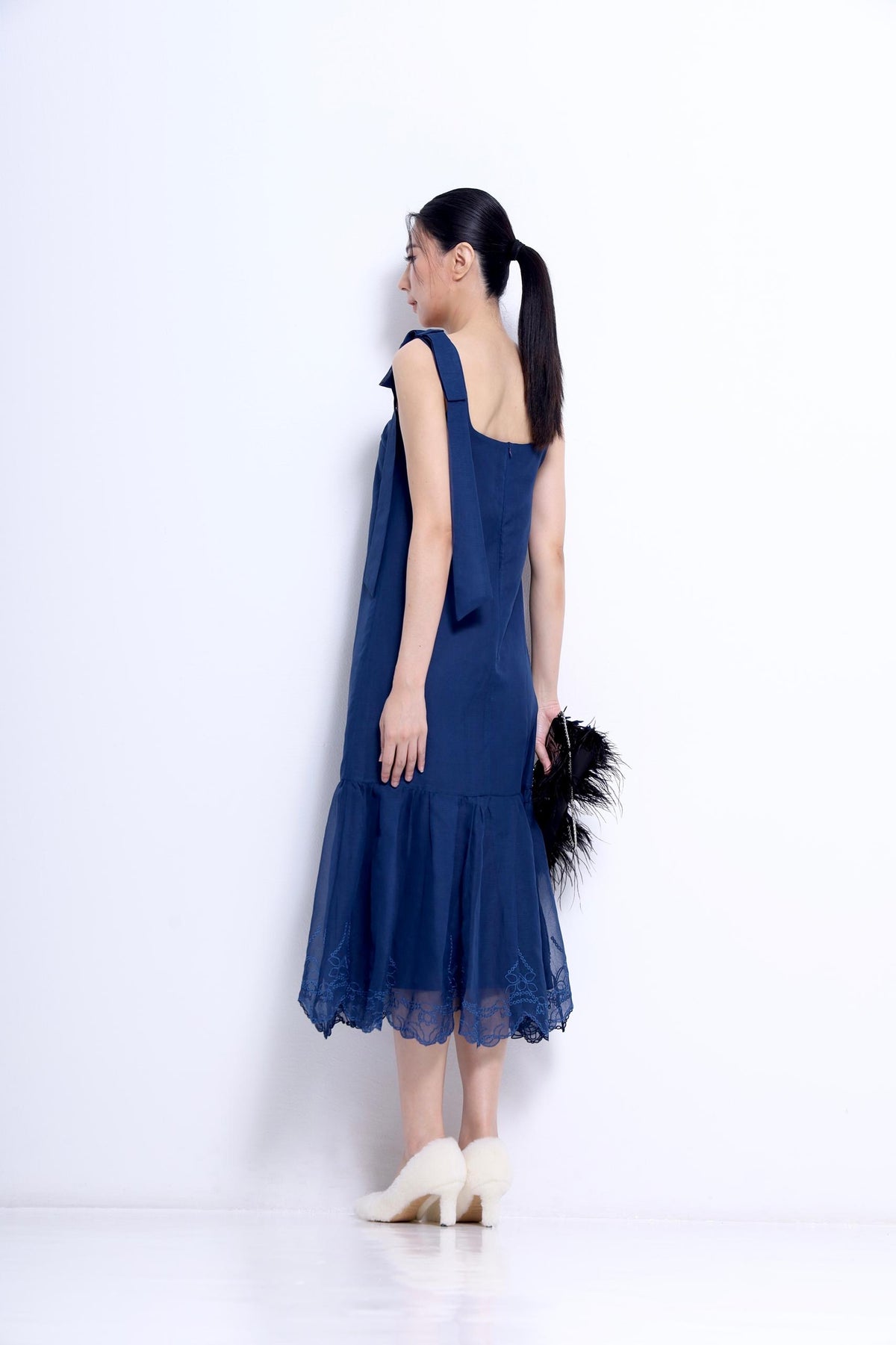 Candice Ribbon Shoulder Linen Lace Hem Dress