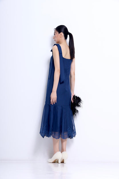 Candice Ribbon Shoulder Linen Lace Hem Dress