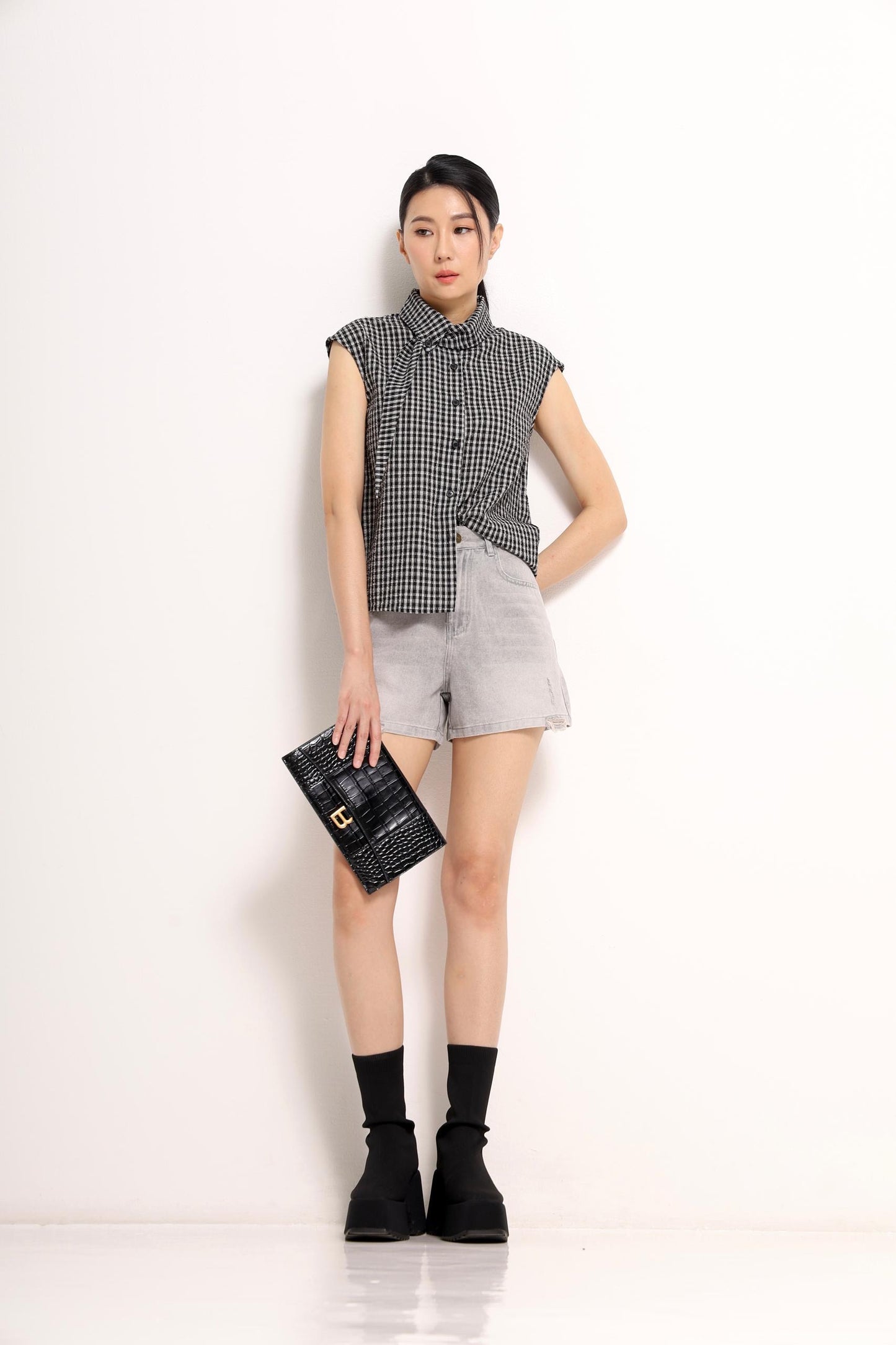 Jinny Checkered Scarf-Collar Shirt
