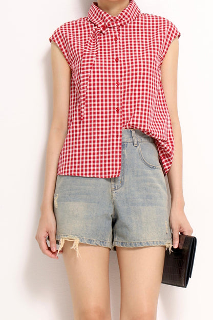 Jinny Checkered Scarf-Collar Shirt
