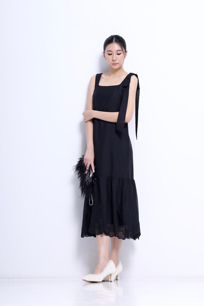 Candice Ribbon Shoulder Linen Lace Hem Dress