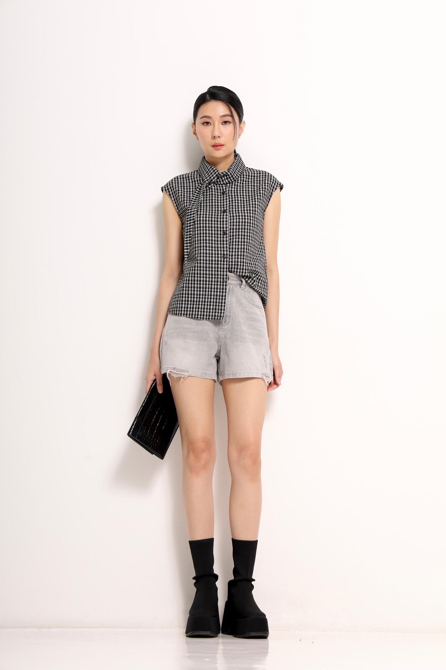 Jinny Checkered Scarf-Collar Shirt